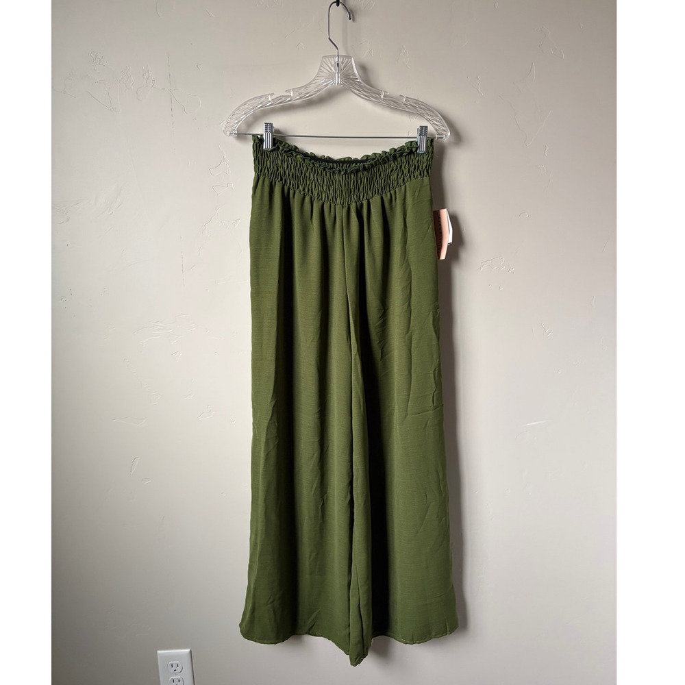 Evolutionary Green Boho Wide Leg Pants Elastic Smocked Waistband Flowy Lounge L - Picture 2 of 4